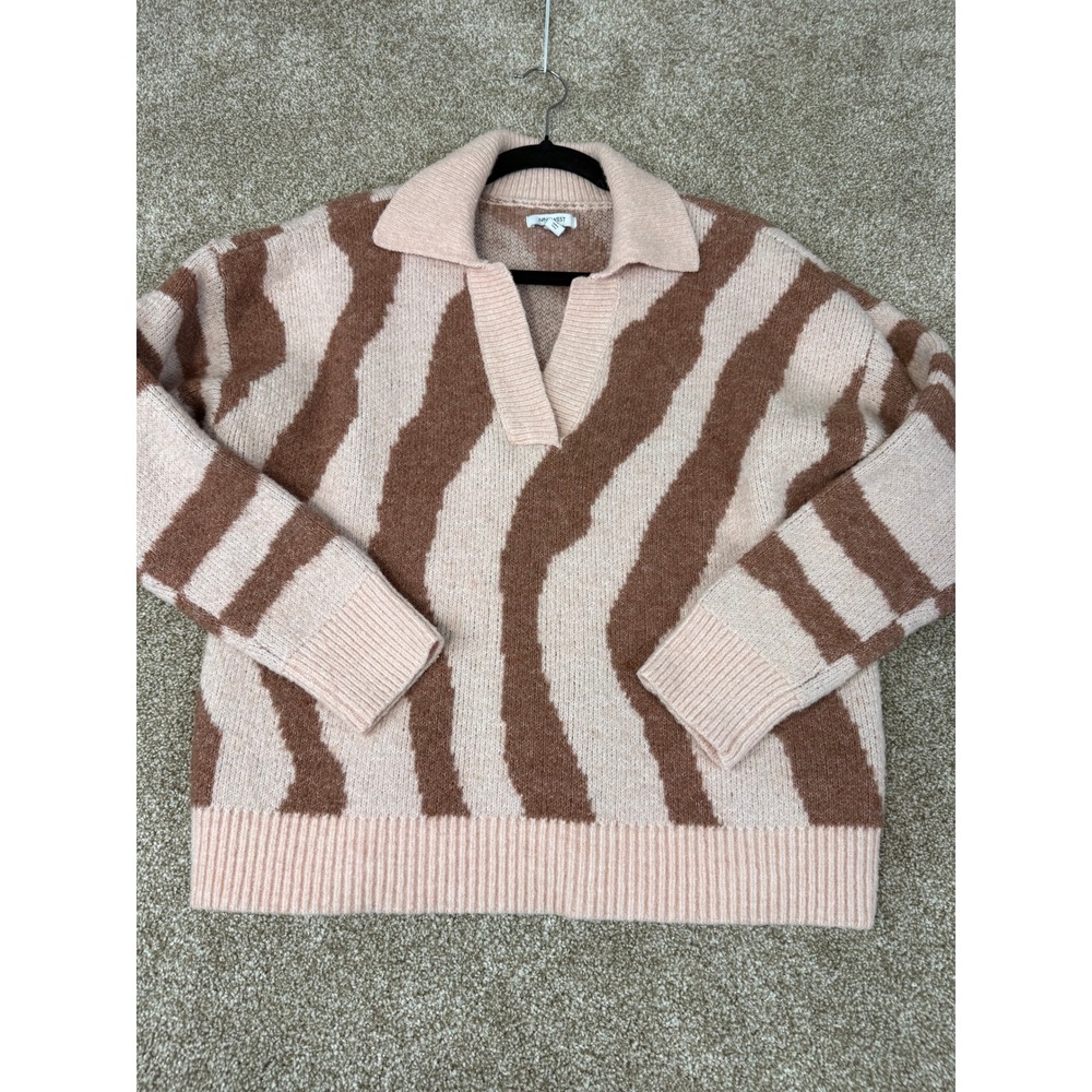 Nine West Womens Zebra Animal Print Collared Sweater Pink Brown Large L Mob Wife